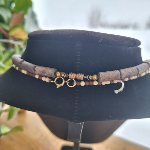 Vintage Earthy Clay Stone Beaded Necklaces Set Of 2 With Gold Accents - Picture 5 of 8